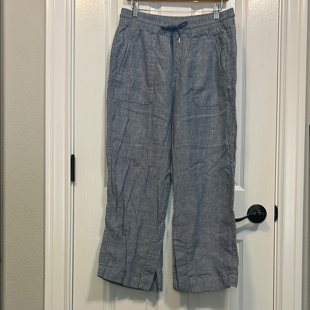 Athleta Blue Linen Drawstring Wide Leg Pants